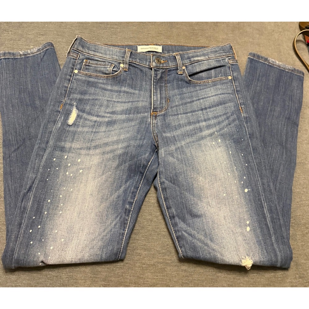 Banana Republic Skinny‎ Jeans Blue Paint Splatter Distressed Ankle Zip Womens
